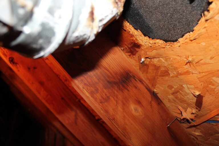 Close-up of a wooden surface with a pipe and some damage.