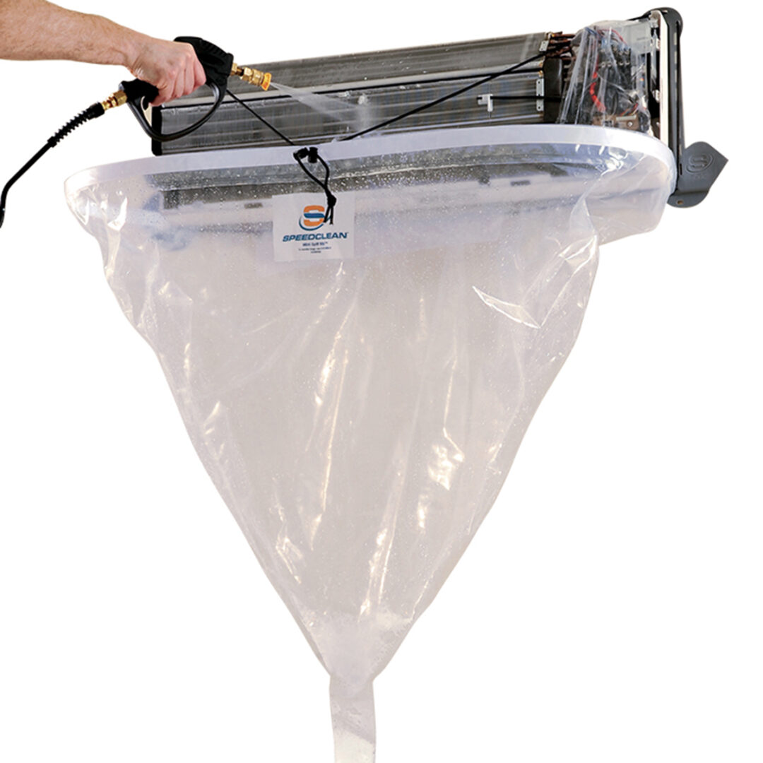 A plastic vacuum bag attached to a vacuum cleaner for dust collection.