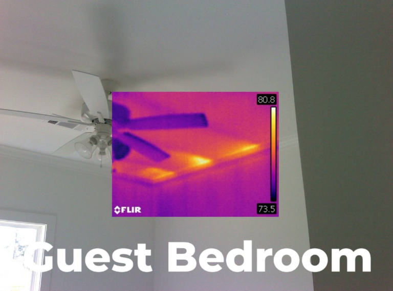Thermal image of a ceiling fan showing heat distribution in a guest bedroom.