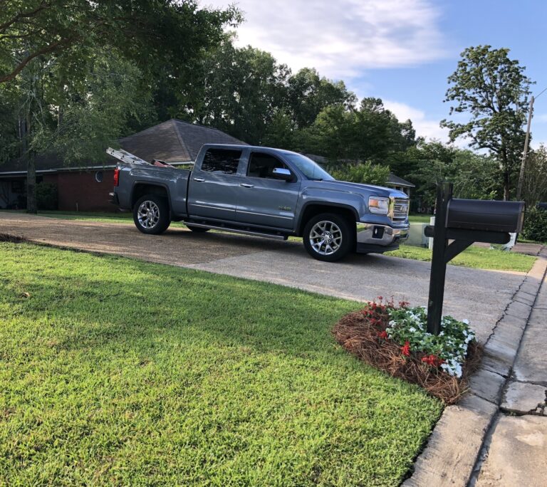 A gray pickup truck parked on a residential driveway with greenery around.