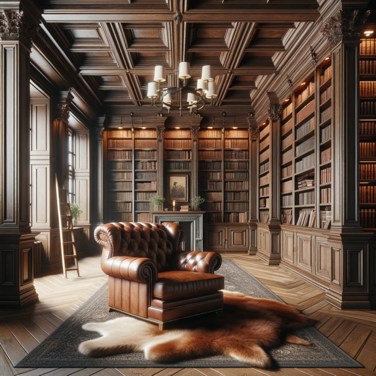 Elegant wood-paneled library with leather armchair and chandelier.