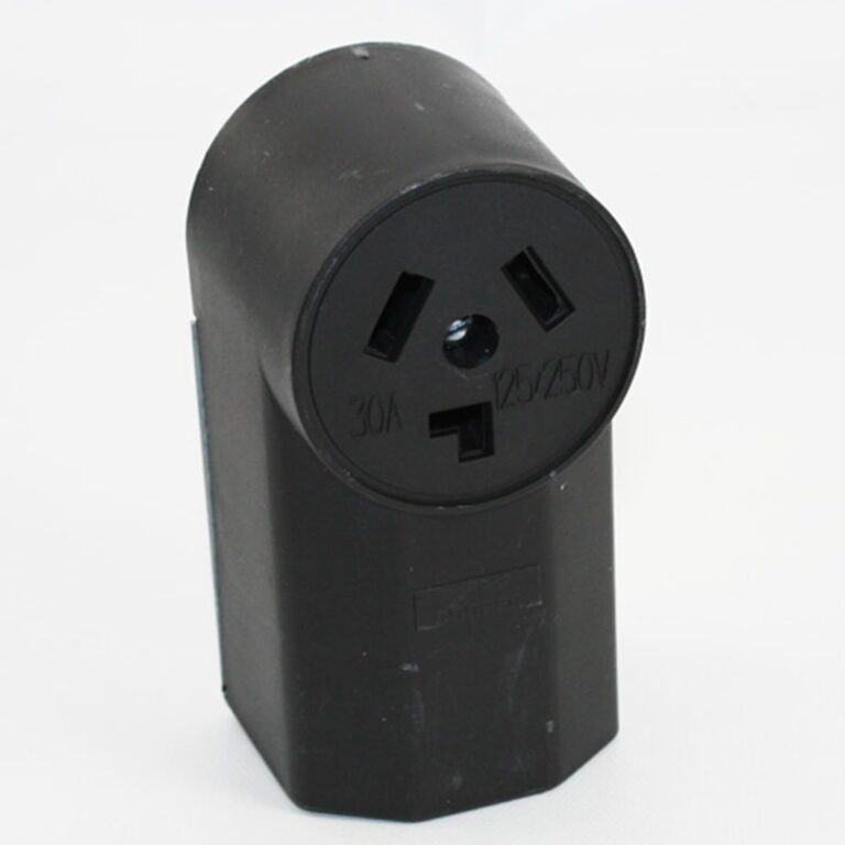 Black electrical plug adapter with angled design.