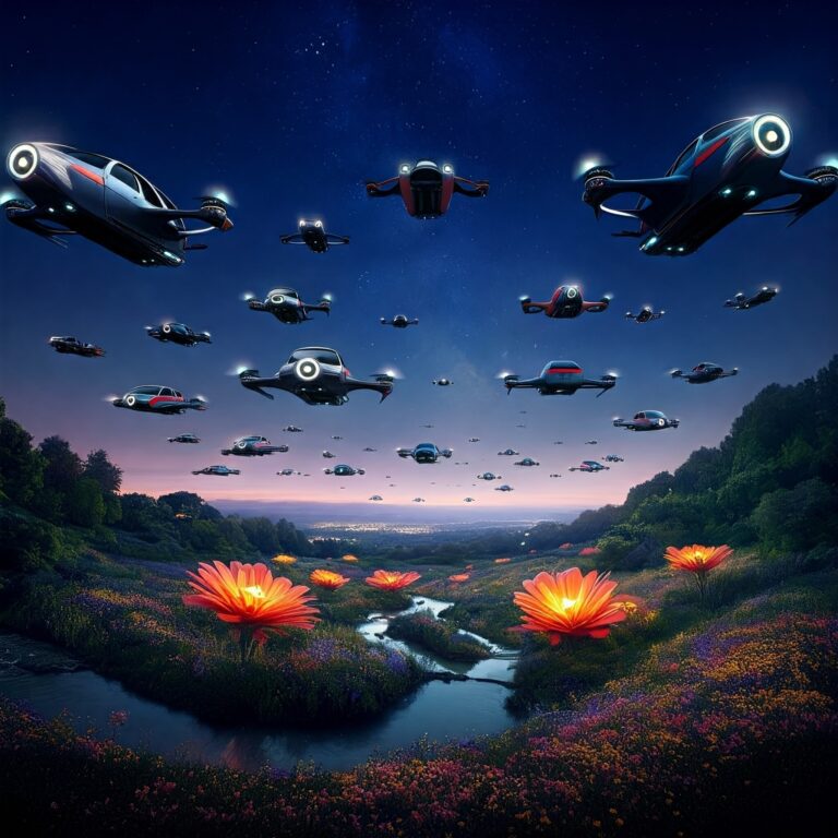 Military aircraft flying over a battlefield at dusk with explosions below.