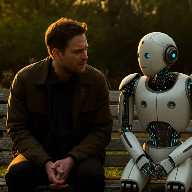Man and Robot on Park Bench
