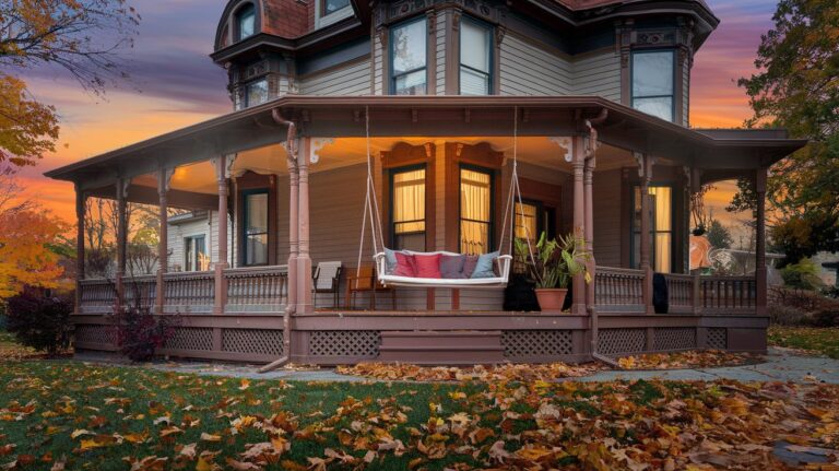 Cozy porch swing with cushions on a Victorian-style house at dusk.