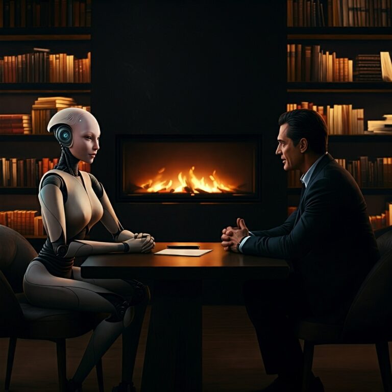 man and humanoid sit at a table