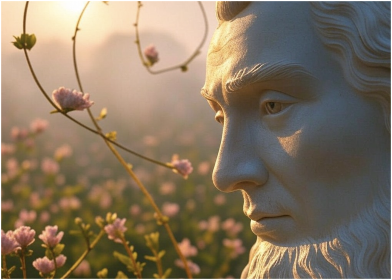 A serene close-up of a contemplative statue amidst blooming flowers at sunset.