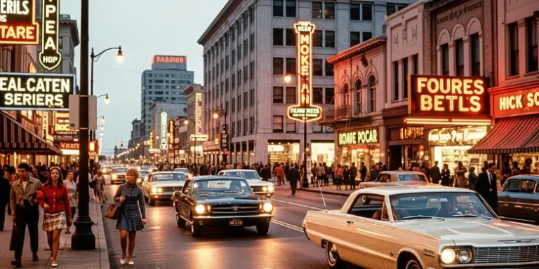 Vintage city street bustling with classic cars and illuminated theater signs at dusk.