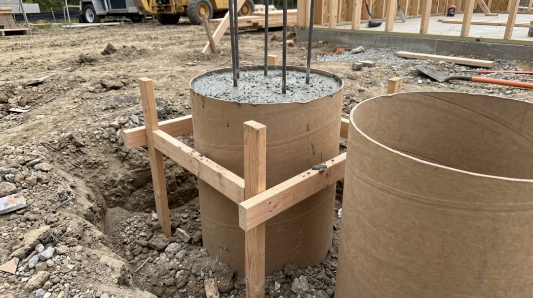 A close-up photograph of a construction site showing spiral-wound fiber Sonotube forms secured in excavated dirt with wooden bracing, filled with concrete and steel rebar to create cylindrical footings.
