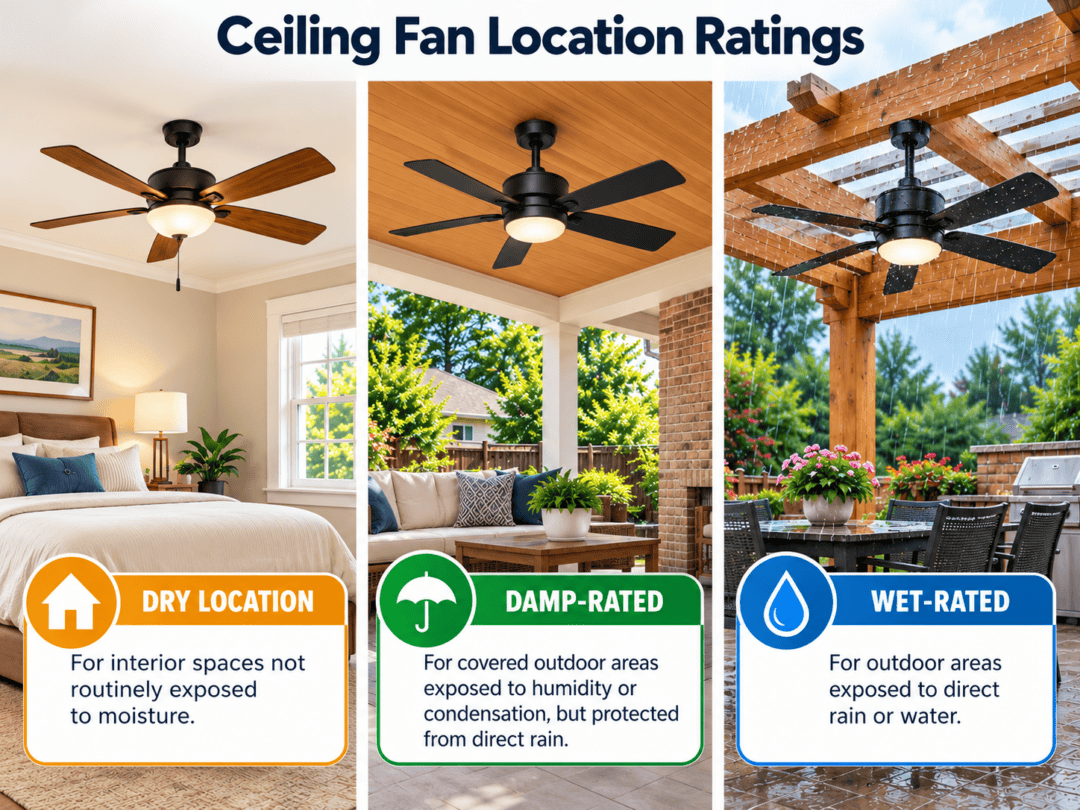 Ceiling fan location ratings showing dry, damp, and wet installation environments.