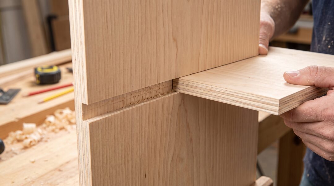 Dado groove cut into a cabinet side panel with a plywood shelf fitted into the joint.