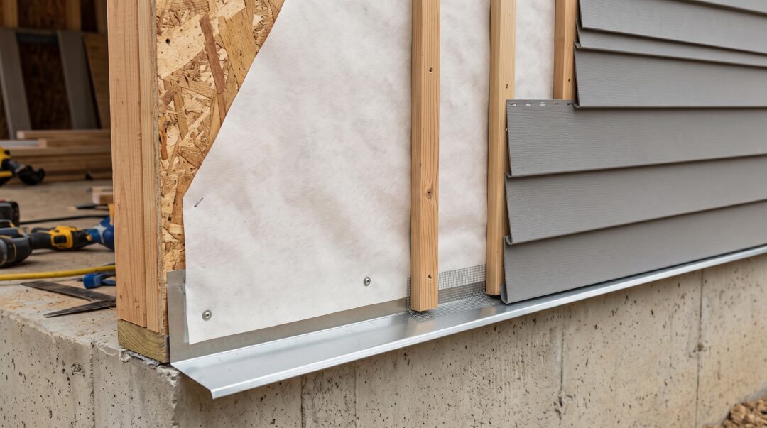 Exterior wall cutaway showing a housewrap drainage plane behind vertical wood furring and gray siding, with housewrap overlapping metal base flashing.