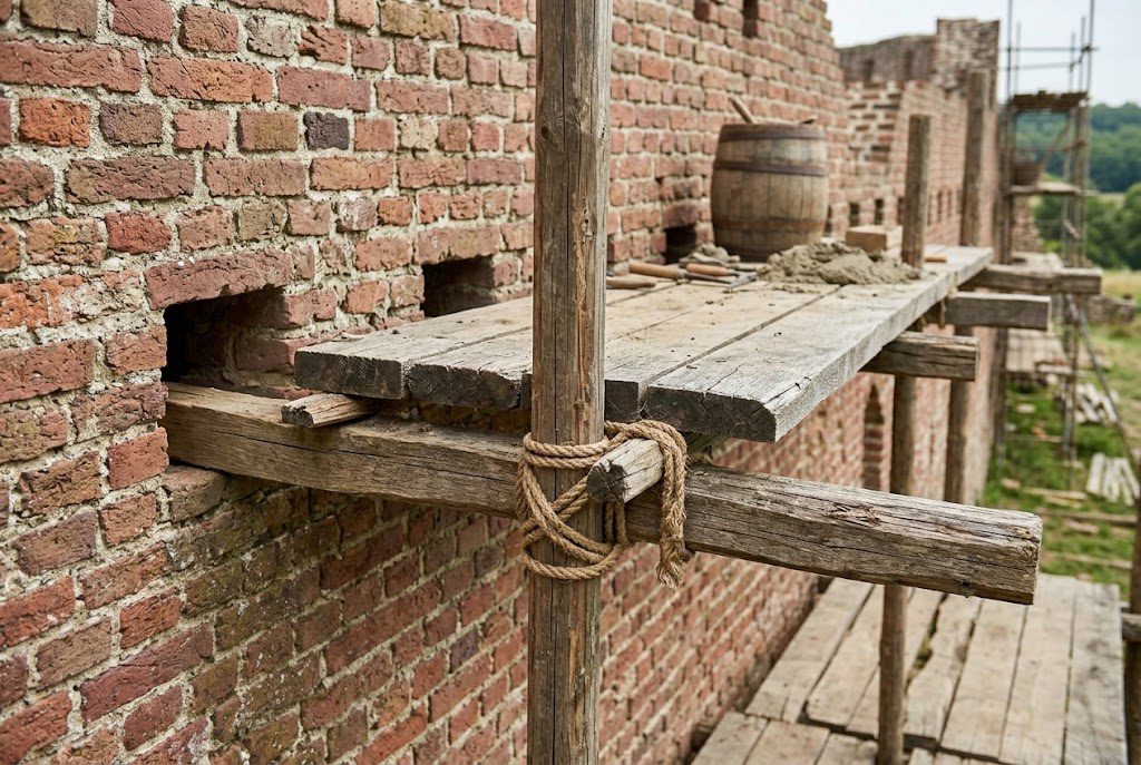 Rectangular putlog holes in a historic brick wall, showing where timbers supported temporary scaffolding.