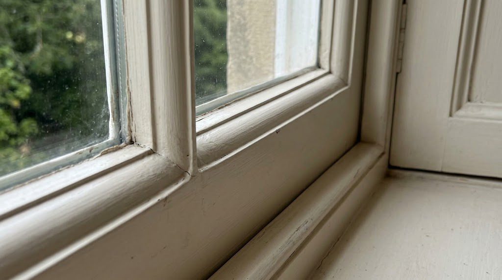 A close-up photograph of an 18th-century-style timber sash window, featuring the distinctive convex, rounded "ovolo" molding profile on an off-white painted glazing bar and inner sash frame.