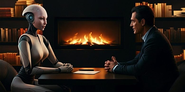 man and humanoid sit at a table