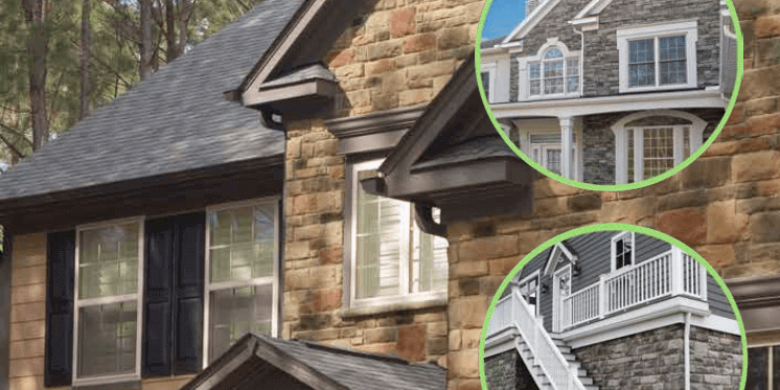 A house showcasing stone and siding exterior with window details.
